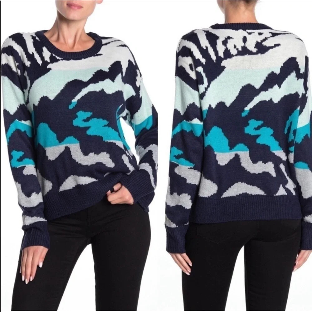 John + Jenn Abstract Print Blue Sweater Pullover V6x